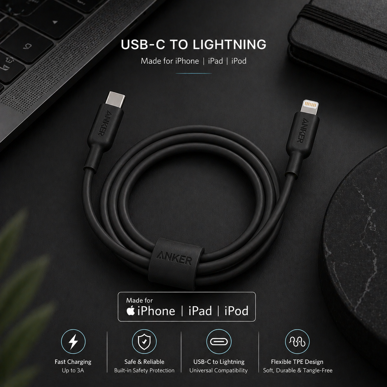 anker cable c-L 60w - وصلة شحن ل الايفون من انكر تدعم ال ٦٠واط