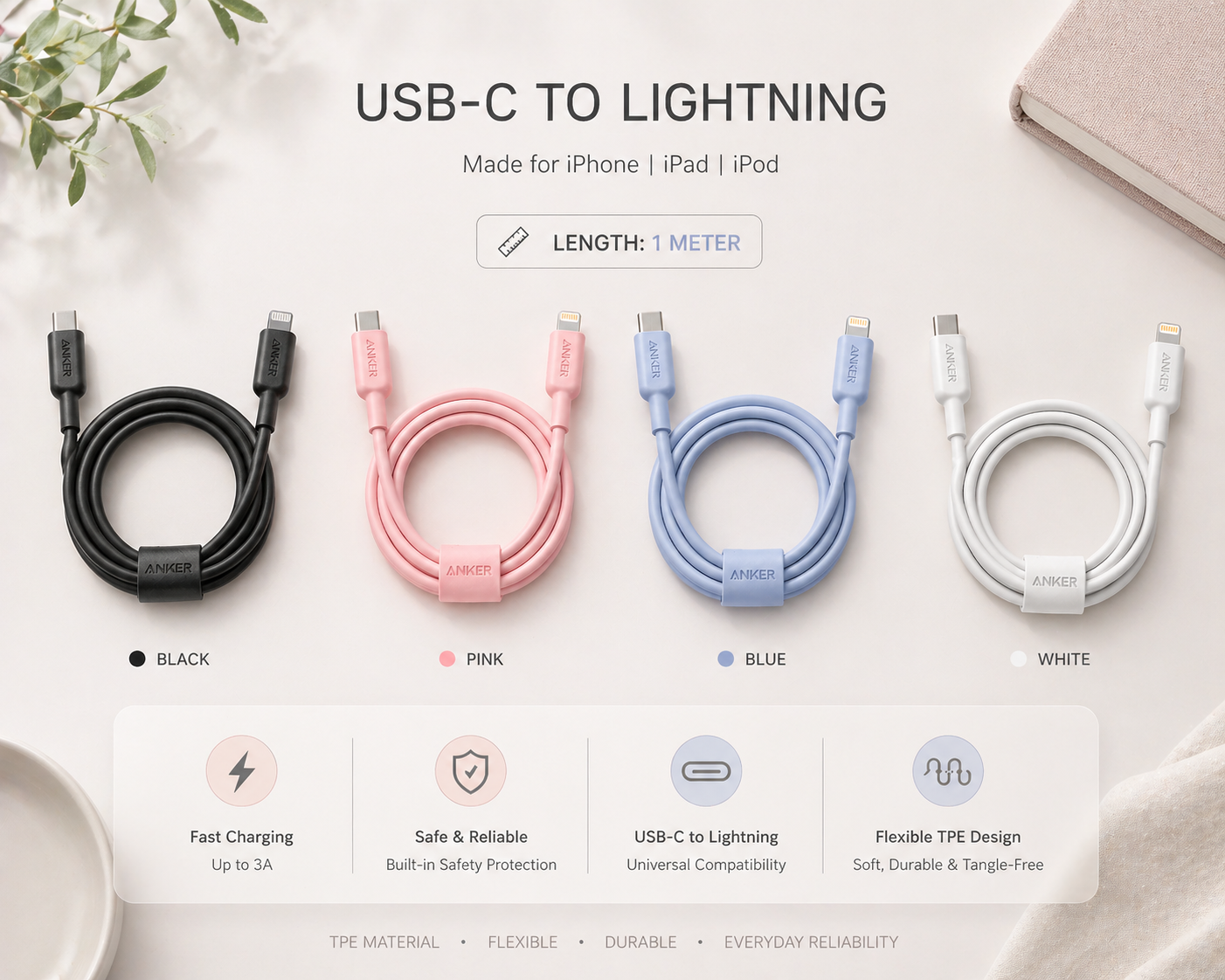 anker cable c-L 60w - وصلة شحن ل الايفون من انكر  تدعم ال ٦٠واط