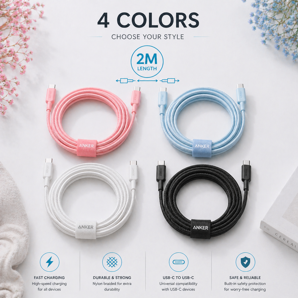 anker cable c-c 100w - وصلة شحن تايب سي من انكر تدعم١٠٠ واط