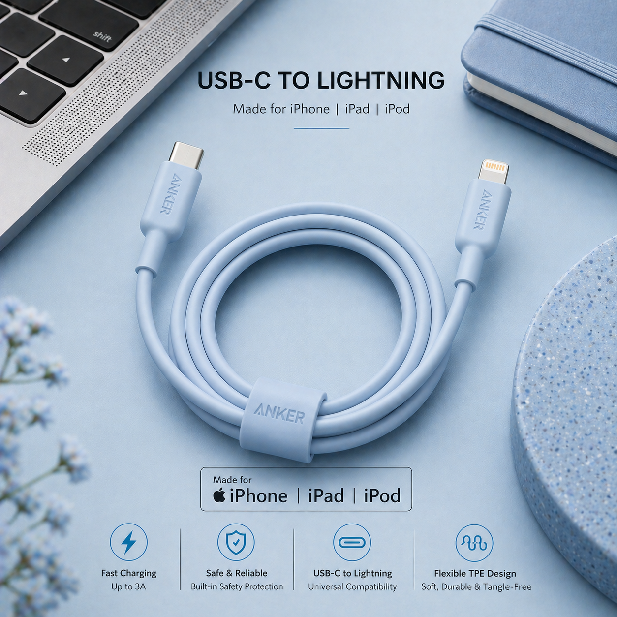 anker cable c-L 60w - وصلة شحن ل الايفون من انكر  تدعم ال ٦٠واط