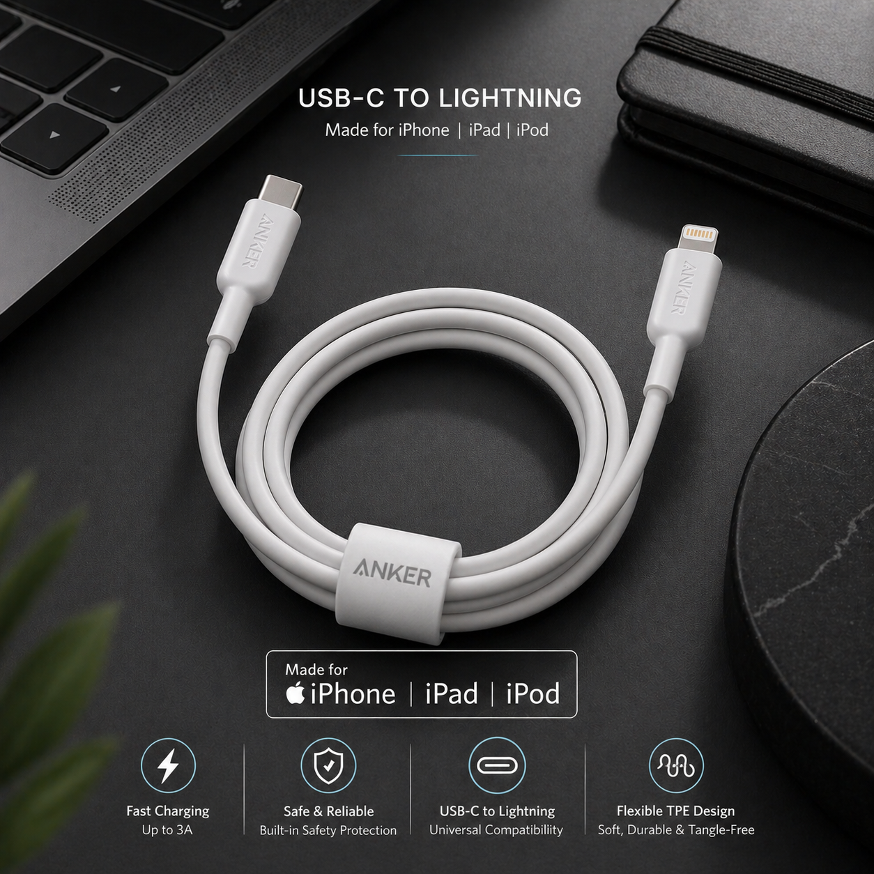 anker cable c-L 60w - وصلة شحن ل الايفون من انكر  تدعم ال ٦٠واط