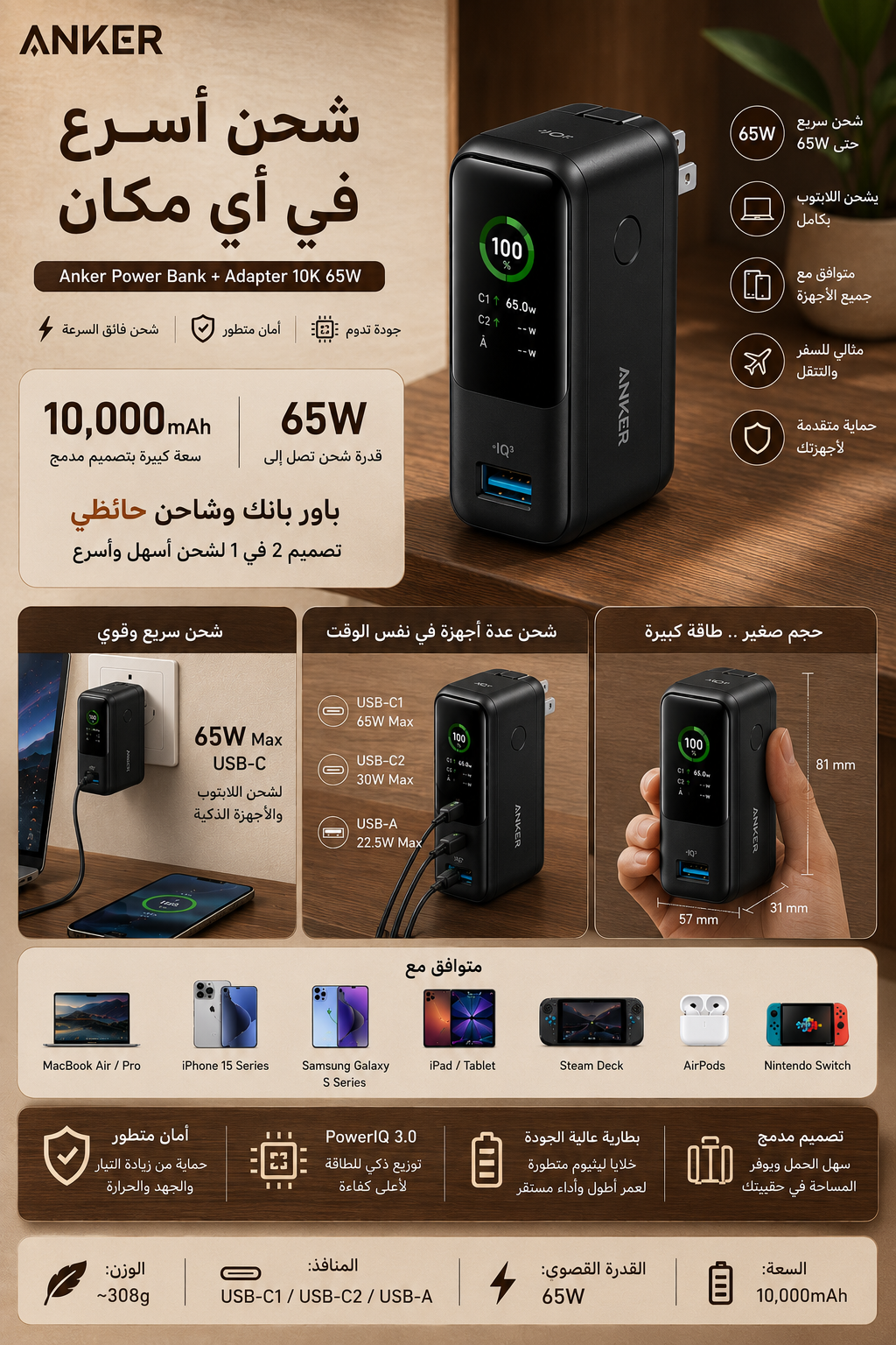 Anker power bank and adabter 10k,65w