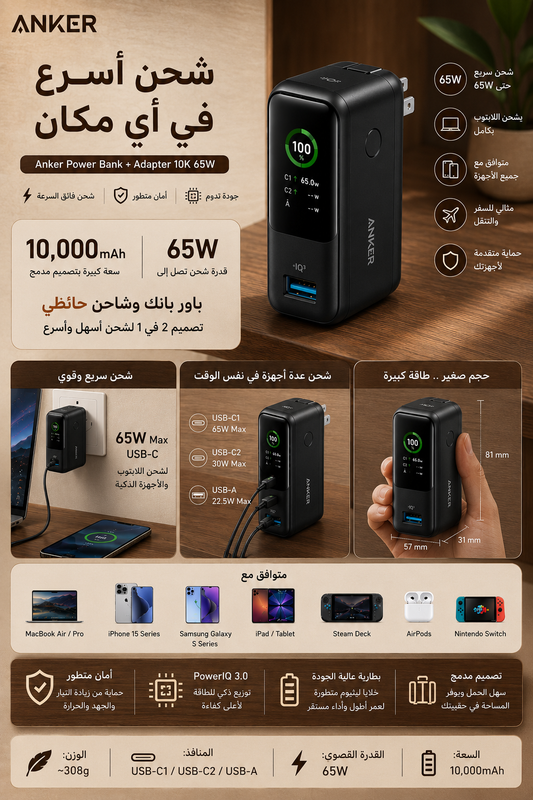 Anker power bank and adabter 10k,65w