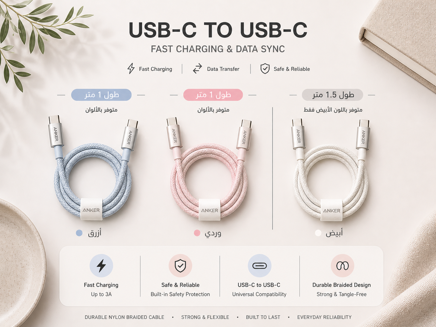 Anker cable c-c 140/240w - وصلة شحن من انكر تدعم إلى ٢٤٠ واط