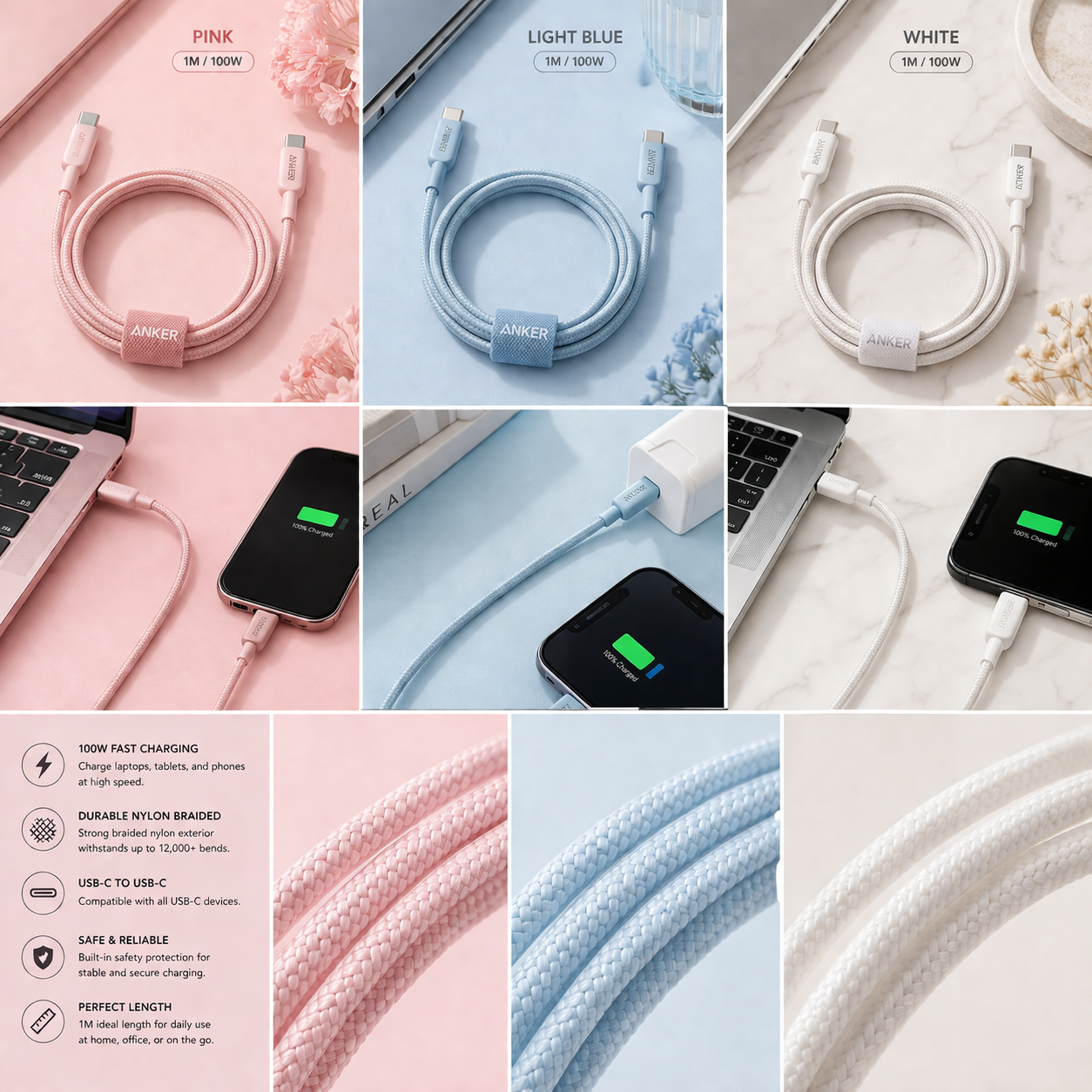anker cable c-c 100w - وصلة شحن تايب سي من انكر تدعم١٠٠ واط